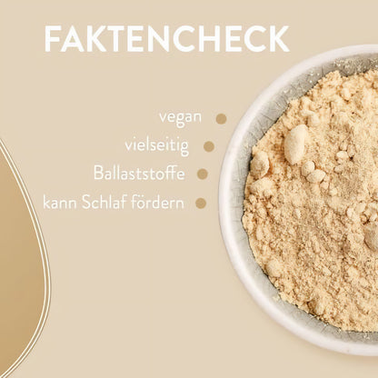 Nahaufnahme einer Schale mit borchers Ashwagandha Pulver, daneben Stichpunkte zu vegan, vielseitig, ballaststoffreich.