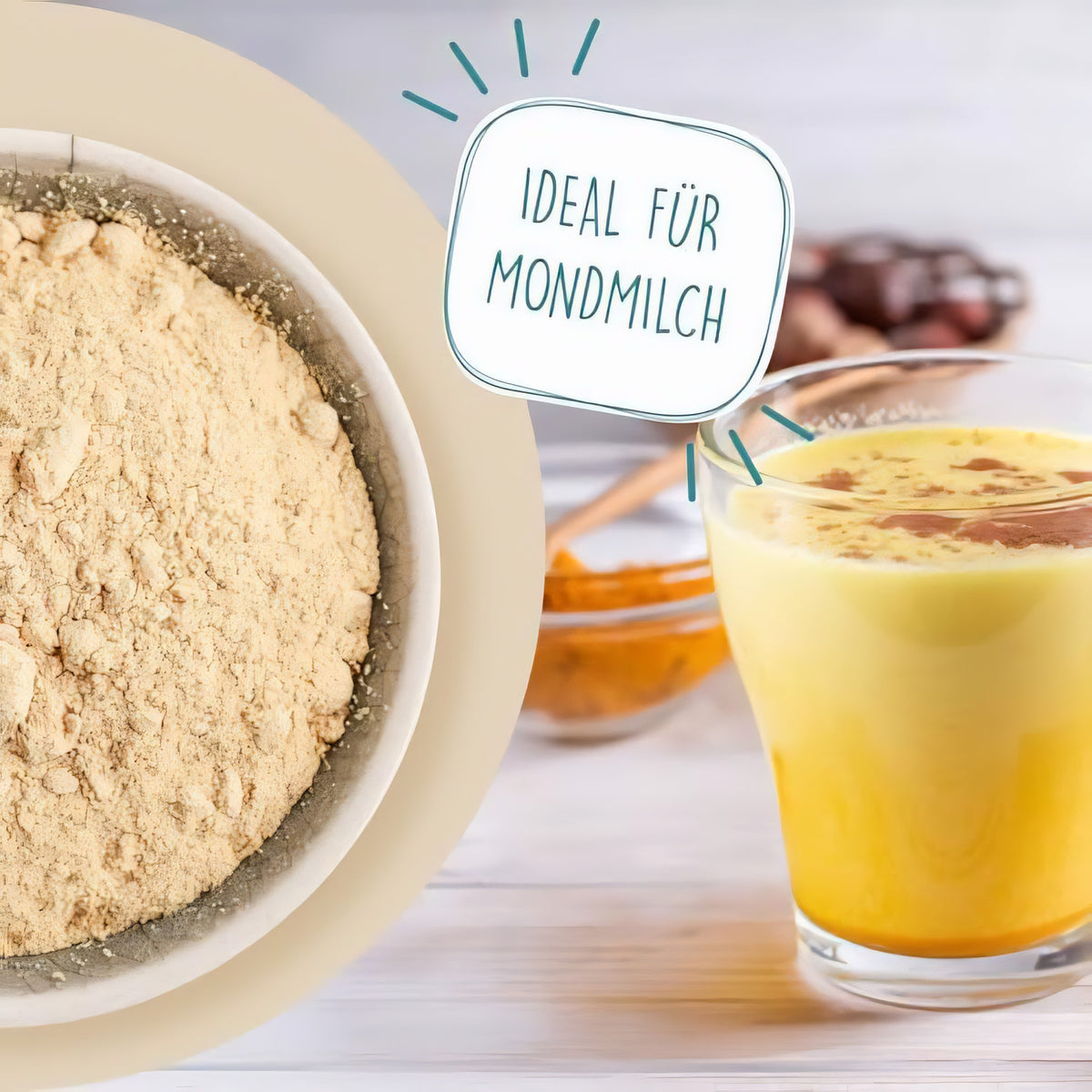 Schale mit borchers Ashwagandha Pulver und daneben ein Glas gelbe Mondmilch auf hellem Tisch.