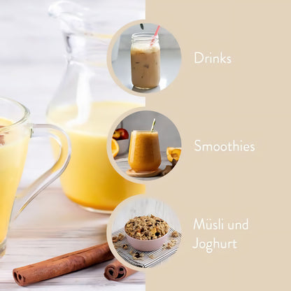 Getränkekaraffe und Glas mit gelbem Drink, daneben drei Kreise mit borchers Ashwagandha Pulver in Drinks, Smoothies, Müsli und Joghurt.