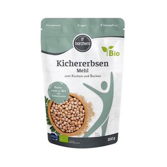 borchers Bio Kichererbsenmehl 300g in wiederverschließbarer Verpackung, vorne mit Abbildung von Kichererbsen und Mehl, Produktdetails und Bio-Siegel sichtbar.