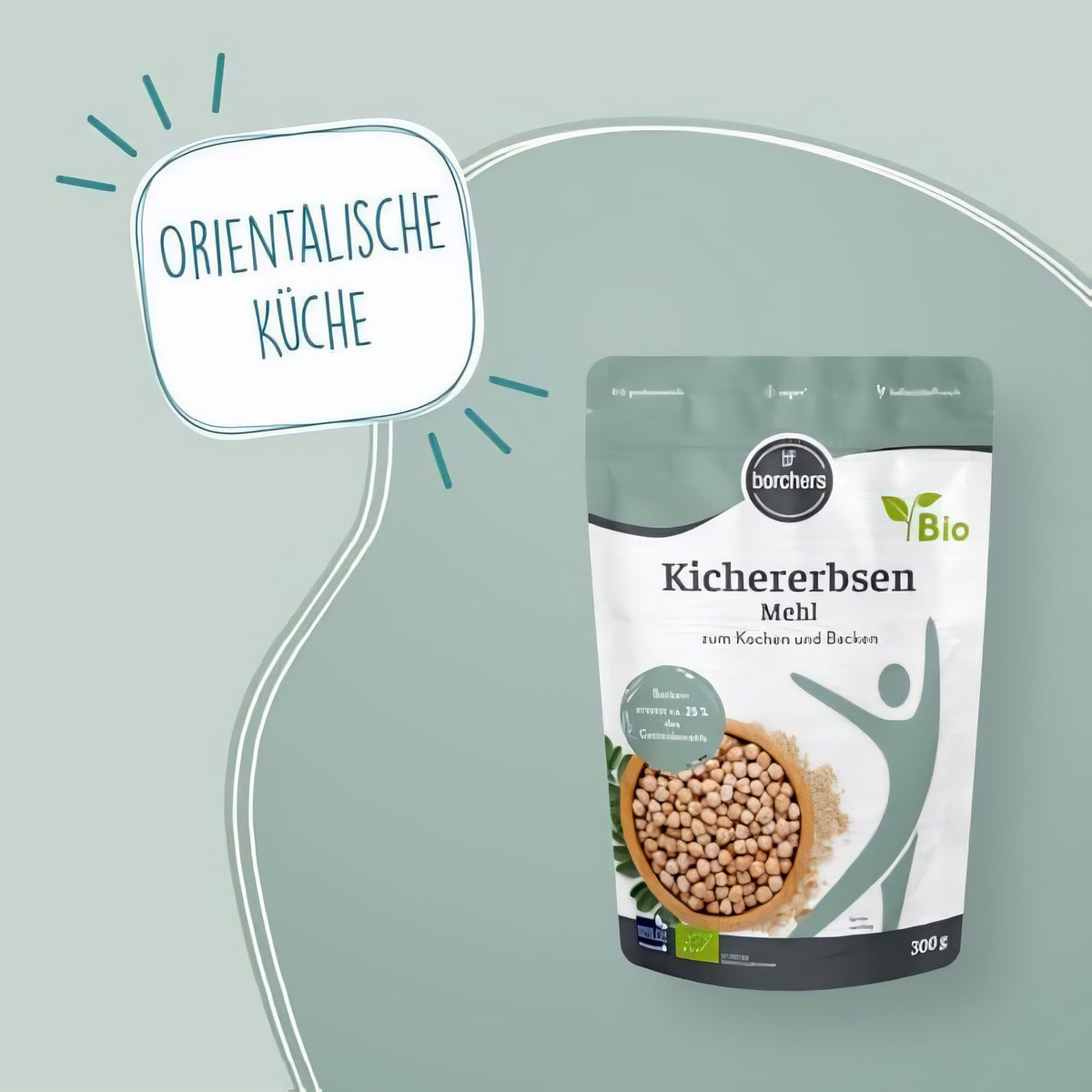 borchers Kichererbsenmehl 300g stehend vor grünem Hintergrund, daneben Schriftzug orientalische Küche, Verpackung gut lesbar.