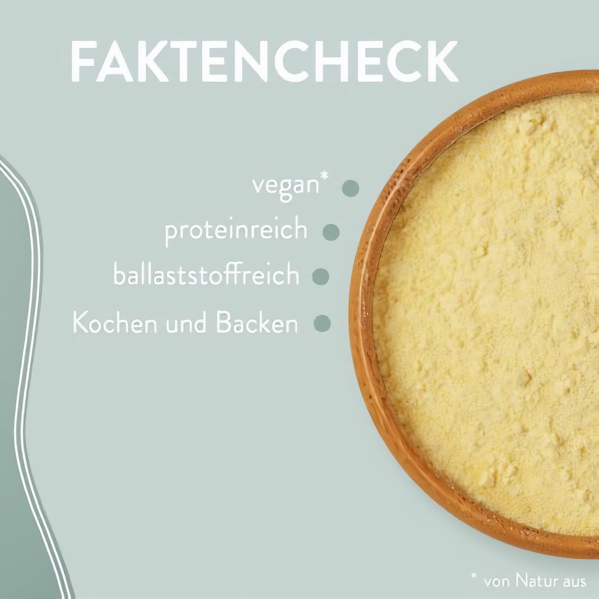 Schale mit gelbem kichererbsenmehl von borchers, daneben Fakten wie vegan, proteinquelle und ballaststoffreich auf grünem Hintergrund.