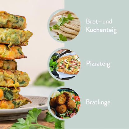Gestapelte Bratlinge aus kichererbsenmehl von borchers, daneben kleine Bilder von Brotteig, Pizzateig und Bratlingen als vielseitige Verwendungsideen.