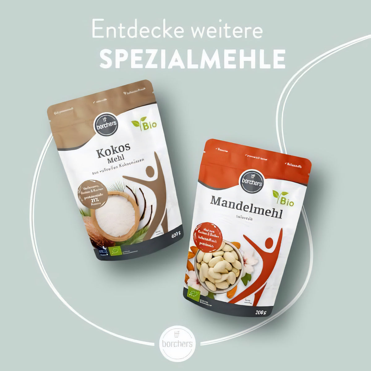 Zwei borchers Bio Spezialmehle, Kokosmehl und Mandelmehl, nebeneinander auf grünem Hintergrund, beide in typischer Verpackung mit Produktabbildung.