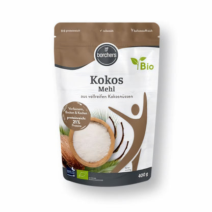 borchers Bio Kokosmehl 400g in wiederverschließbarer Verpackung, vorne mit Kokosnuss und Schale, Produktbezeichnung und Bio-Siegel sichtbar.