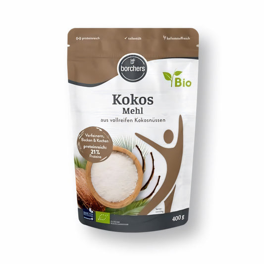 borchers Bio Kokosmehl 400g in wiederverschließbarer Verpackung, vorne mit Kokosnuss und Schale, Produktbezeichnung und Bio-Siegel sichtbar.