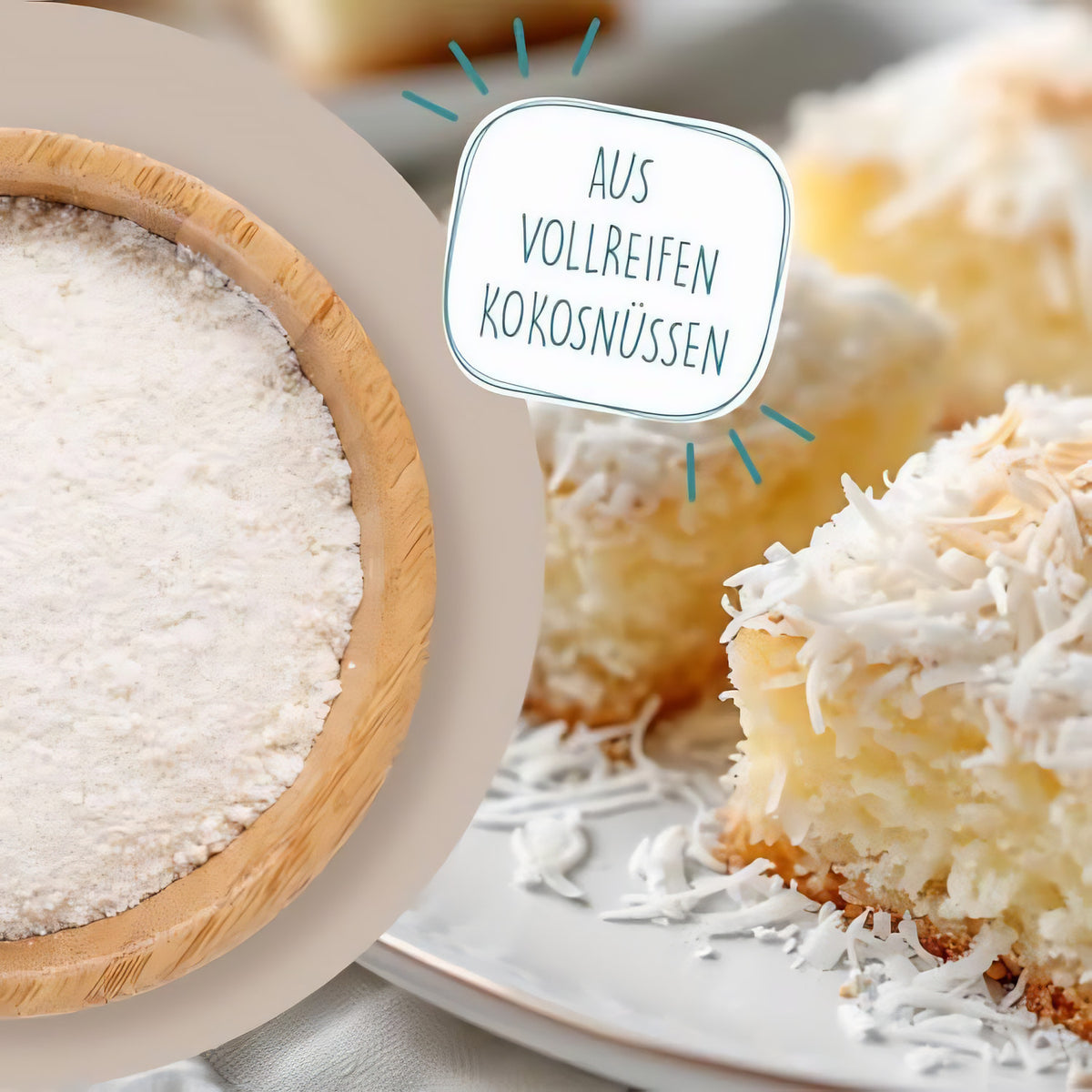 fein vermahlenes borchers Kokosmehl in Holzschale, daneben Kokos-Kuchenstücke auf einem Teller, Text: aus vollreifen Kokosnüssen.