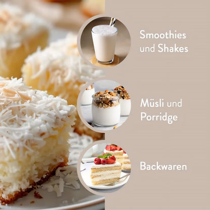 Kuchenstücke mit Kokosraspeln, daneben kleine Bilder mit Smoothie, Müsli und Torte, Text: für backen, Smoothies, Shakes, Müsli und Porridge mit Kokosmehl.