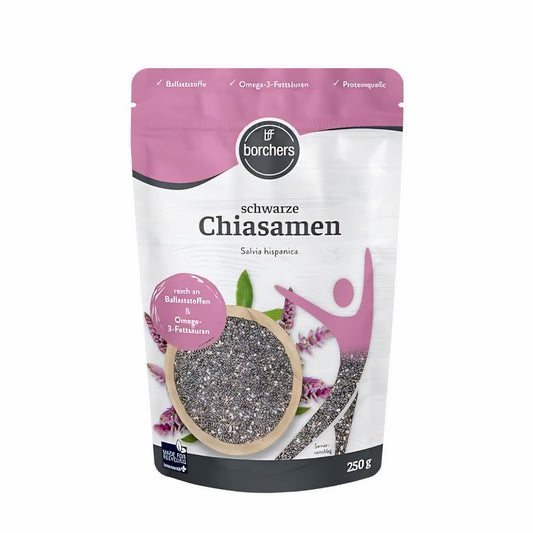 borchers Chiasamen schwarz 250g in wiederverschließbarer Verpackung, Vorderseite mit Sichtfenster und Produktabbildung