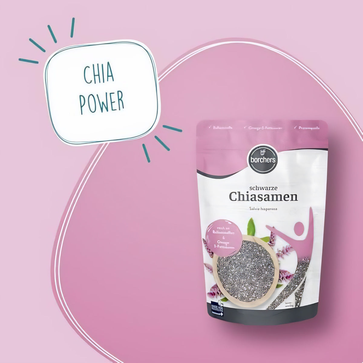 borchers Chiasamen schwarz 250g stehend vor rosa Hintergrund mit Schriftzug Chia Power