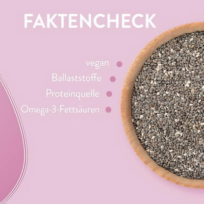 Nahaufnahme einer Schale mit schwarzen Chiasamen, daneben Fakten zu vegan, Ballaststoffe, Proteinquelle und Omega-3-Fettsäuren auf rosa Hintergrund