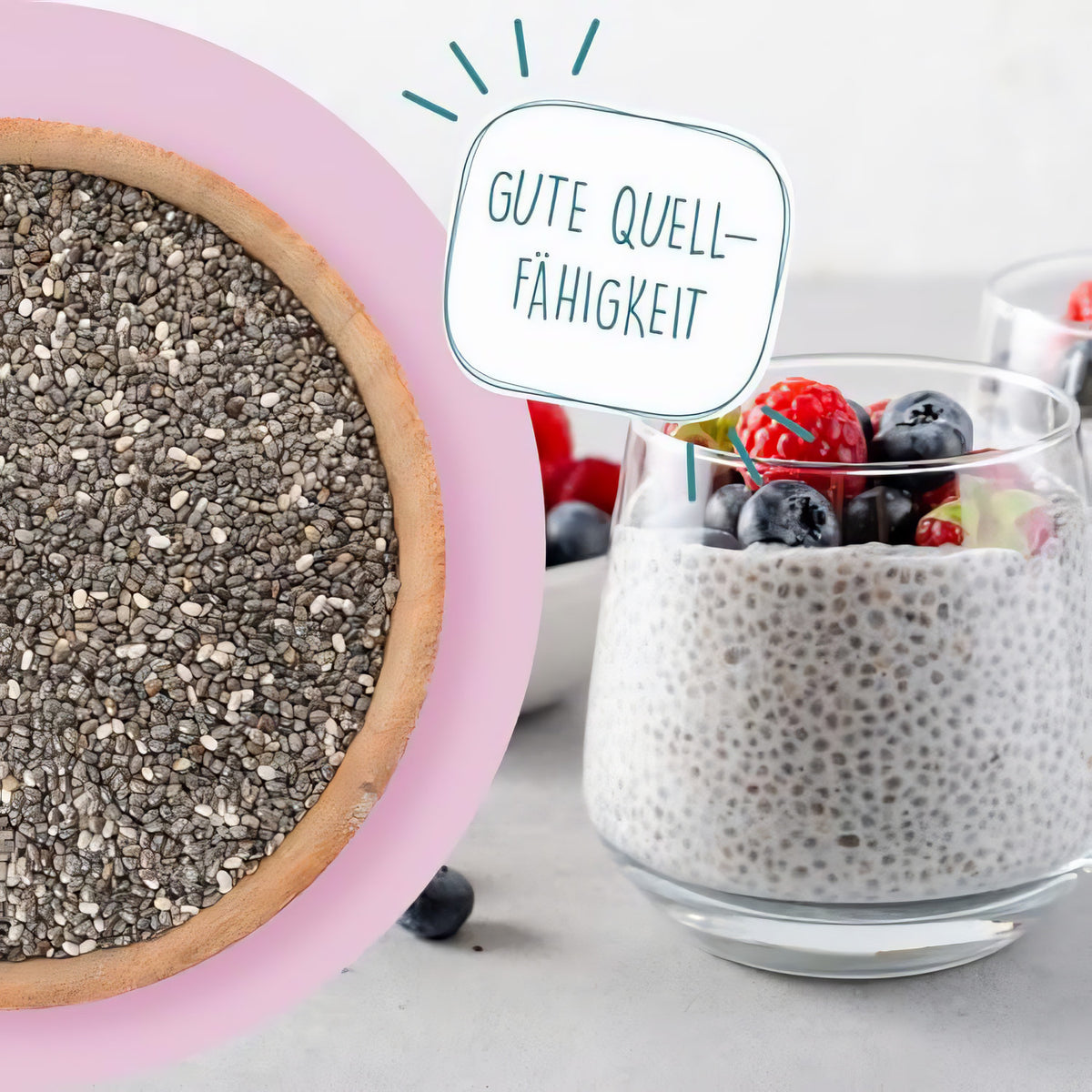 Schale mit schwarzen Chiasamen und daneben ein Glas Chia-Pudding mit Beeren, borchers samen vielseitig einsetzbar