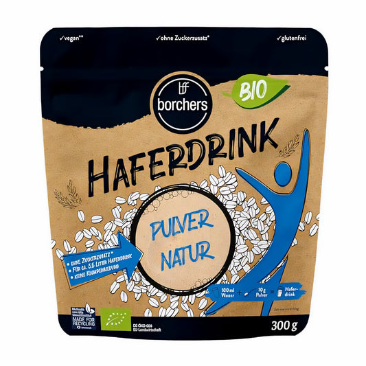 borchers Bio Haferdrink Pulver 300g in wiederverschließbarer Verpackung mit Hafergrafik und veganem Hinweis, Produkt von vorne fotografiert.