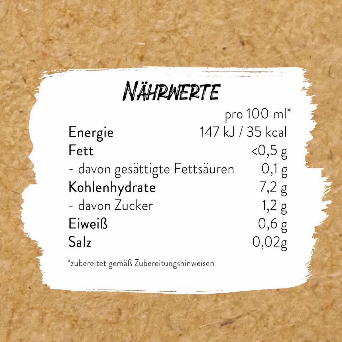 Nährwerttabelle für borchers Haferdrink Pulver auf braunem Hintergrund, Angaben pro 100 ml zubereitetem Haferdrink.