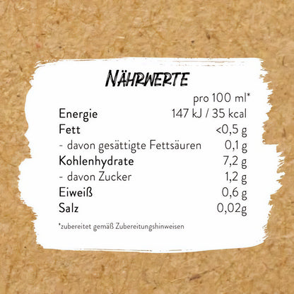 Nährwerttabelle für borchers Haferdrink Pulver auf braunem Hintergrund, Angaben pro 100 ml zubereitetem Haferdrink.