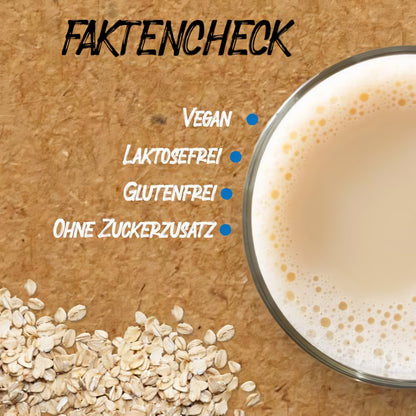 Faktencheck für borchers Haferdrink Pulver, daneben ein Glas veganer Haferdrink und Haferflocken auf braunem Untergrund.