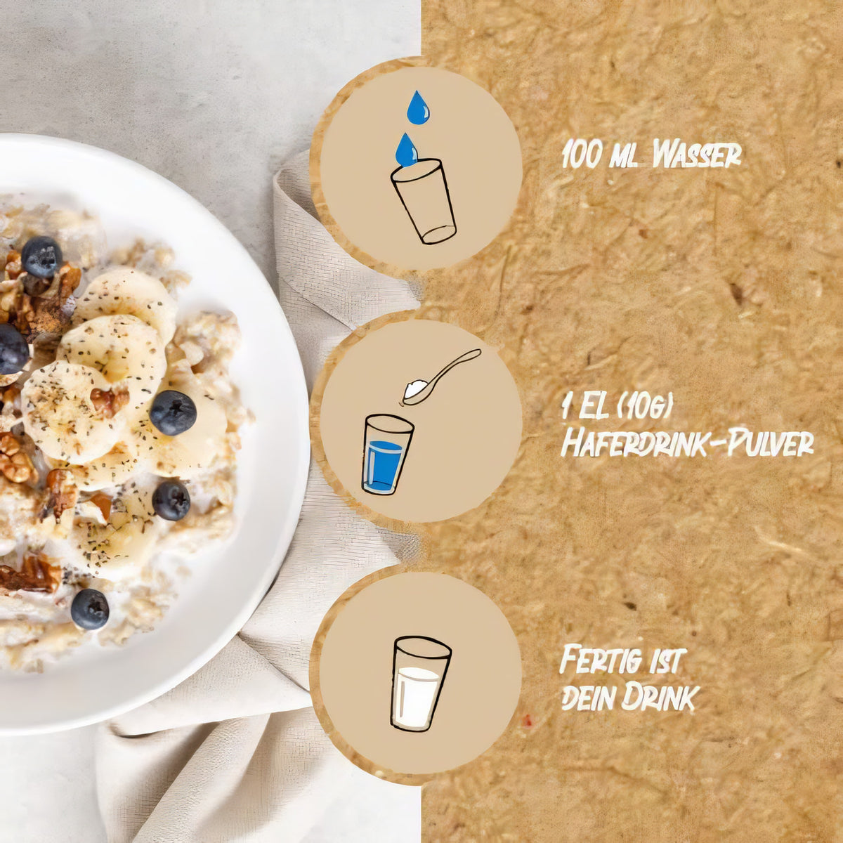 Zubereitungsanleitung für borchers Haferdrink Pulver mit Wasser, Löffel und fertigem Getränk neben einer Schale Porridge.