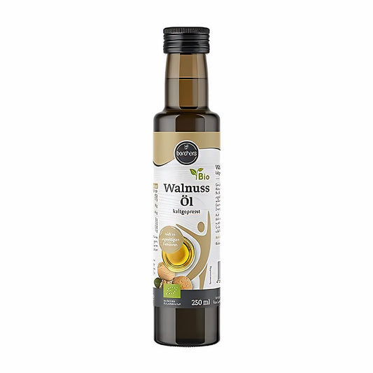 Flasche borchers Walnussöl 250ml kaltgepresst in Bioqualität mit Etikett und Walnüssen auf weißem Hintergrund.