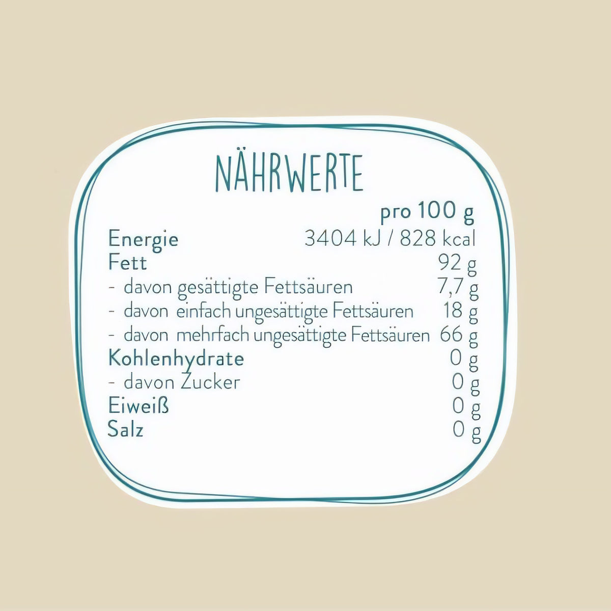 Nährwerttabelle für borchers Walnussöl mit Angaben zu Fett, ungesättigten Fettsäuren und Energie pro 100g auf beigem Hintergrund.