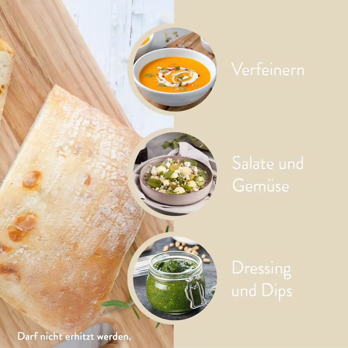 Brotlaib und drei Anwendungsbeispiele für borchers Walnussöl: Suppe, Salat und Pesto, Hinweis auf nicht erhitzen.