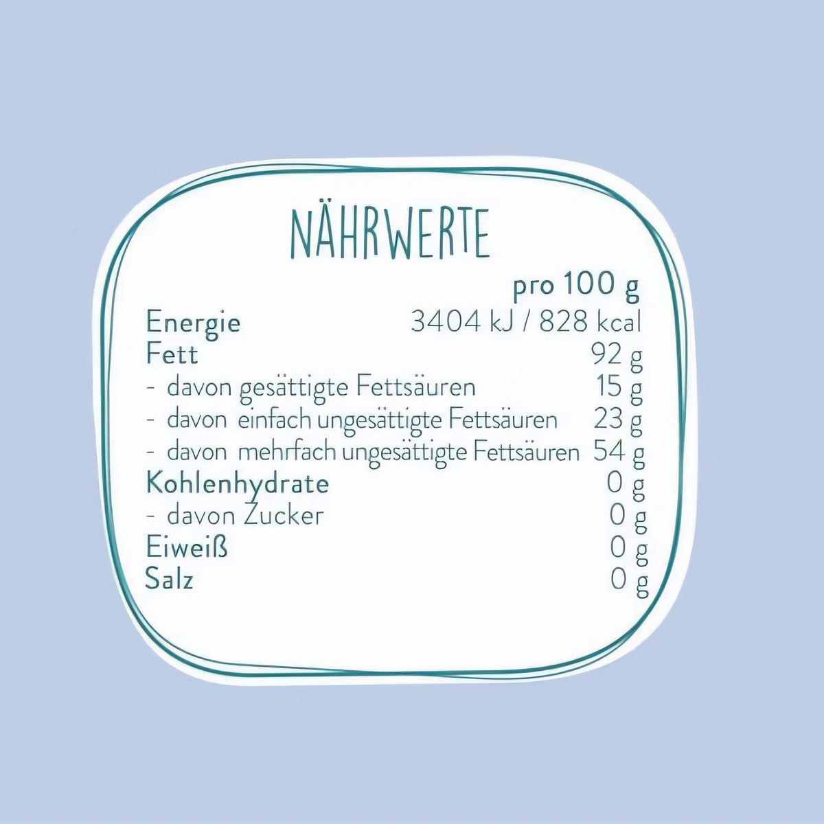 Nährwerttabelle für borchers schwarzkümmelöl auf hellblauem Hintergrund mit Angaben zu Fett, Energie und weiteren Inhaltsstoffen