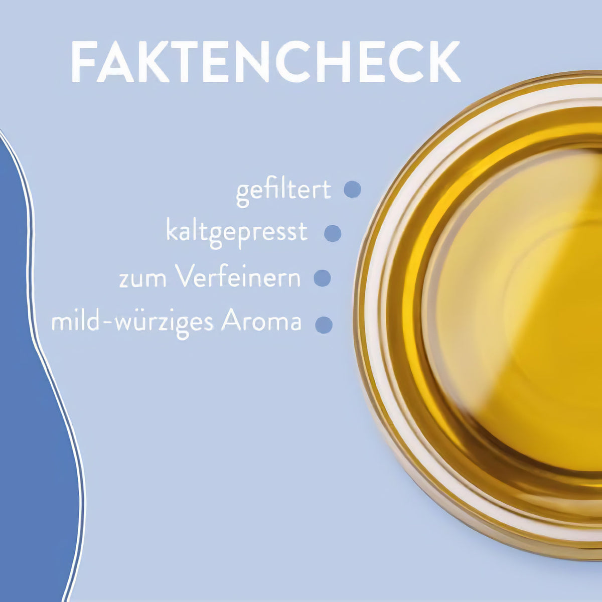 Nahaufnahme einer Schale mit schwarzkümmel würzöl, daneben Fakten zum Produkt auf blauem Hintergrund