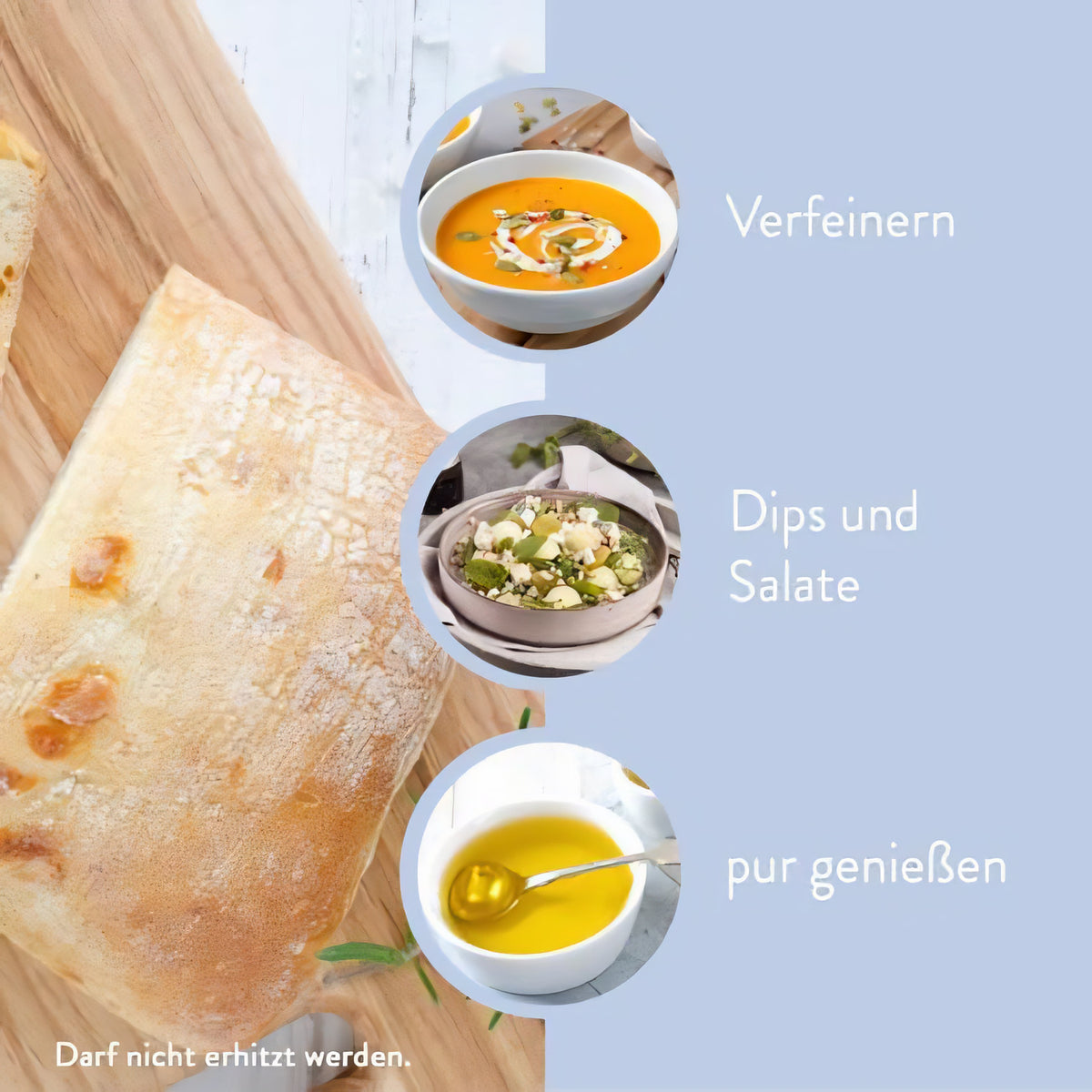 Anwendungsbeispiele für vegan schwarzkümmelöl mit Brot, Suppe, Salat und pur in kleinen Schalen