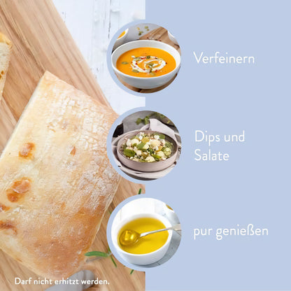Anwendungsbeispiele für vegan schwarzkümmelöl mit Brot, Suppe, Salat und pur in kleinen Schalen