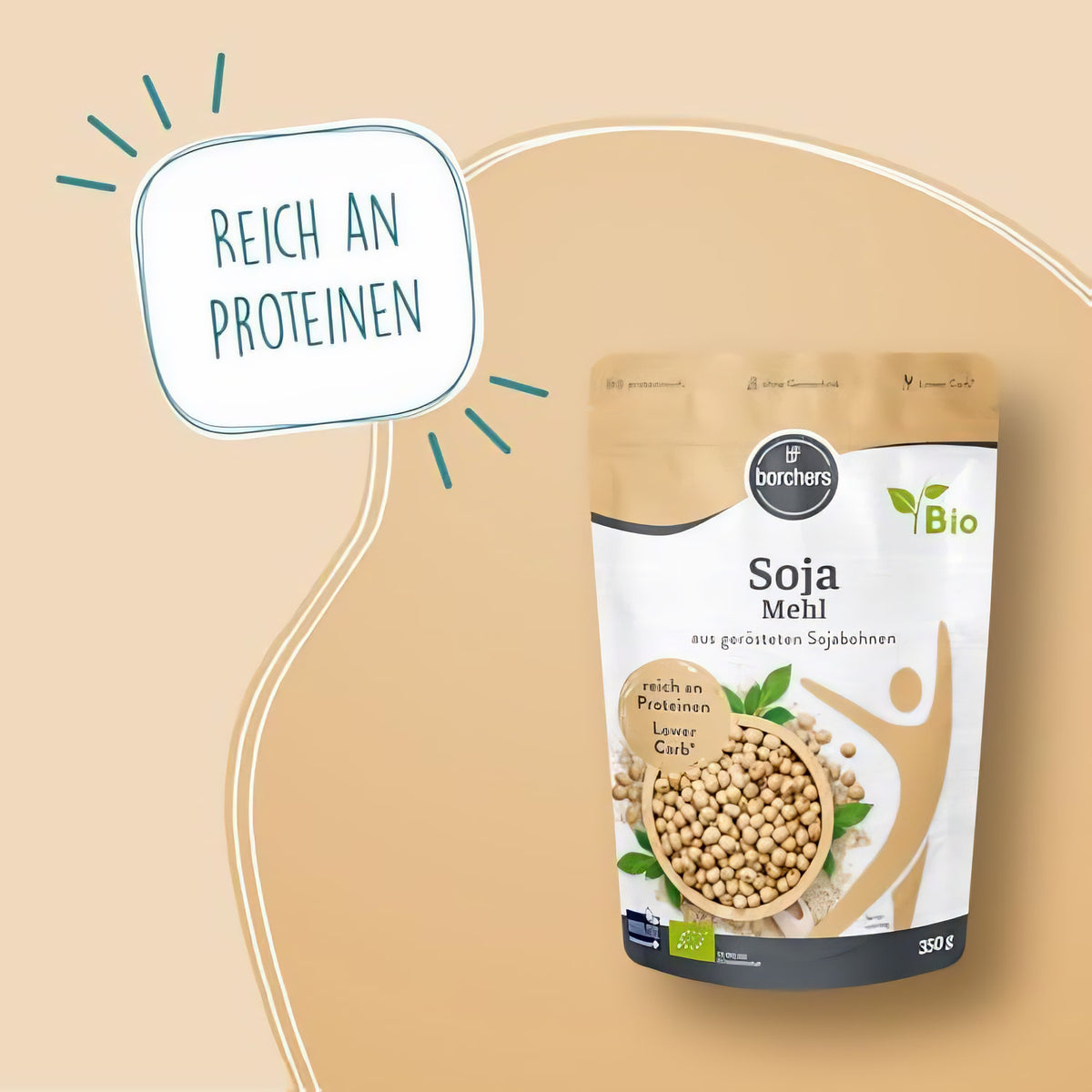 borchers Sojamehl 350g Packung auf beigem Hintergrund mit hervorgehobener Aufschrift reich an Proteinen