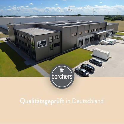 Außenansicht eines modernen Firmengebäudes von borchers mit Logo und Hinweis auf qualitätsgeprüfte Herstellung in Deutschland