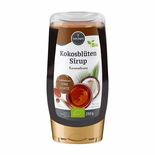 borchers Bio Kokosblütensirup 250g in transparenter Squeeze-Flasche mit Etikett und goldfarbenem Deckel, vorne stehend