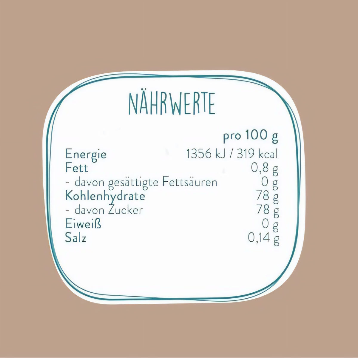 Nährwerttabelle für borchers Kokosblütensirup auf beigem Hintergrund, Angaben pro 100g
