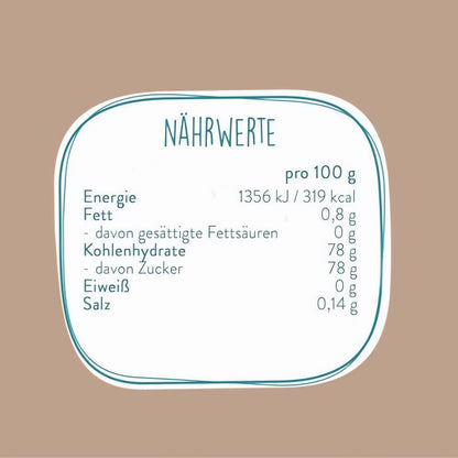 Nährwerttabelle für borchers Kokosblütensirup auf beigem Hintergrund, Angaben pro 100g