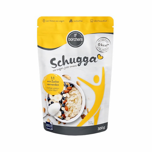 borchers schugga kristalline streusüße 300g mischung in gelb-weißer Standbeutelverpackung mit Abbildung einer Schale Porridge und Nüssen auf der Vorderseite.