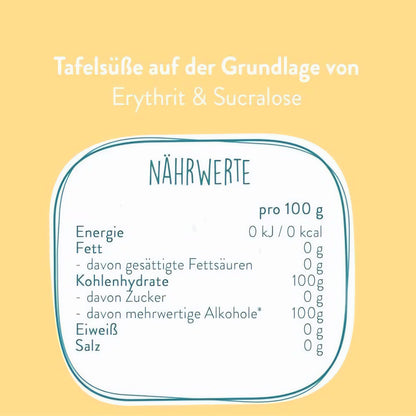 Nährwerttabelle der schugga kristallinen streusüße mischung aus erythrit und sucralose auf gelbem Hintergrund, Angaben pro 100g.