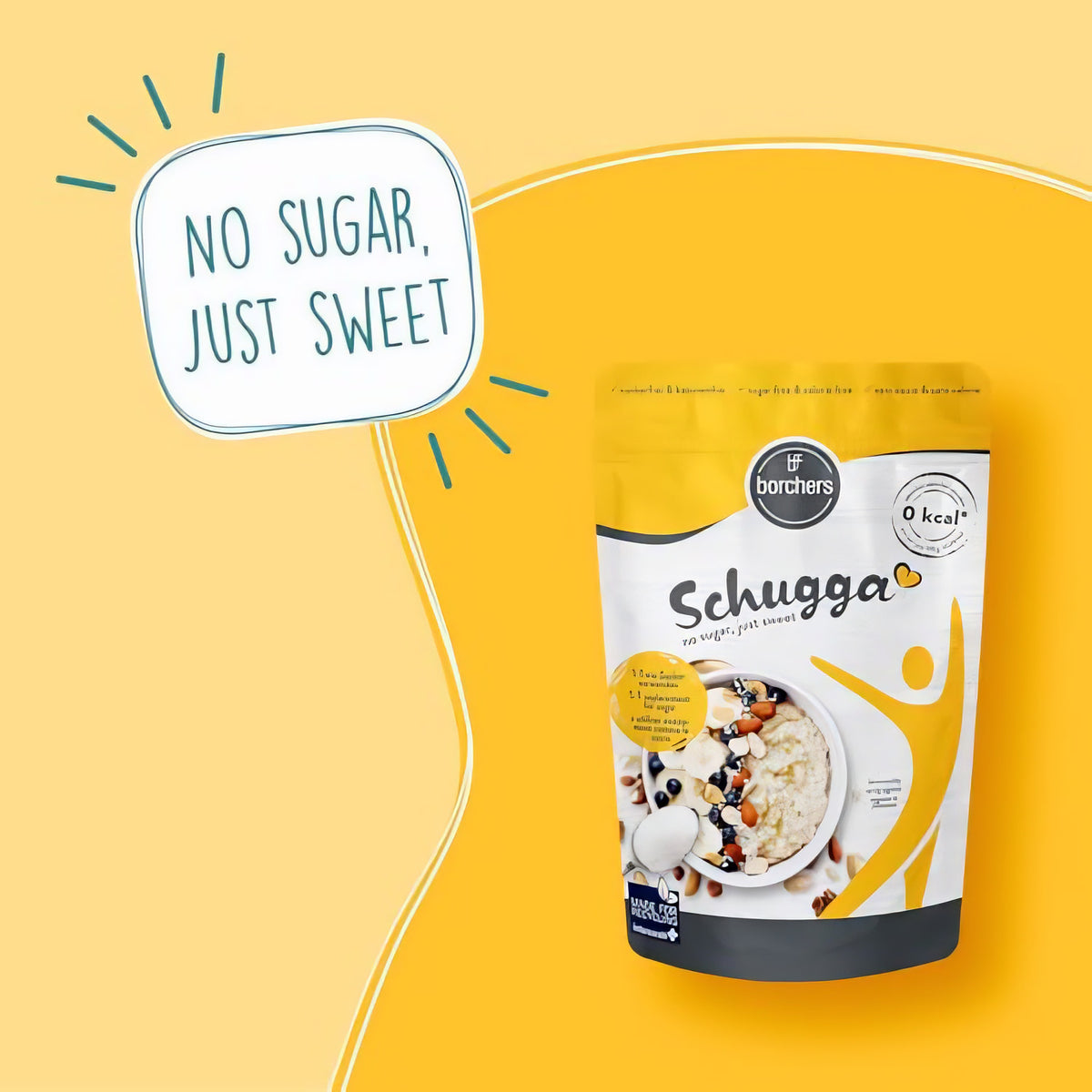borchers schugga 300g pack vor gelbem Hintergrund, daneben Schriftzug 'No sugar, just sweet' als Hinweis auf die zuckerfreie zuckeralternative.