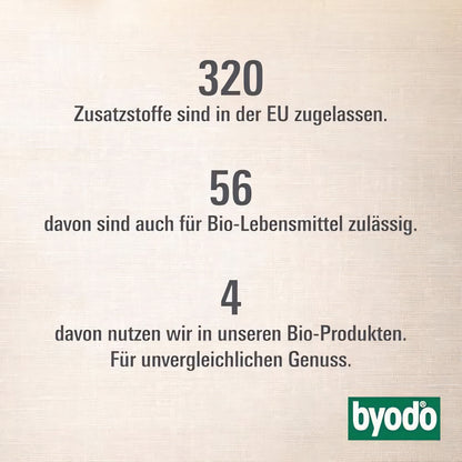 Infografik zu Zusatzstoffen bei Byodo, Vergleich von EU-weit zugelassenen und in Bio-Produkten genutzten Stoffen, Bezug auf schonende Herstellung und idealen Genuss für Beikost.