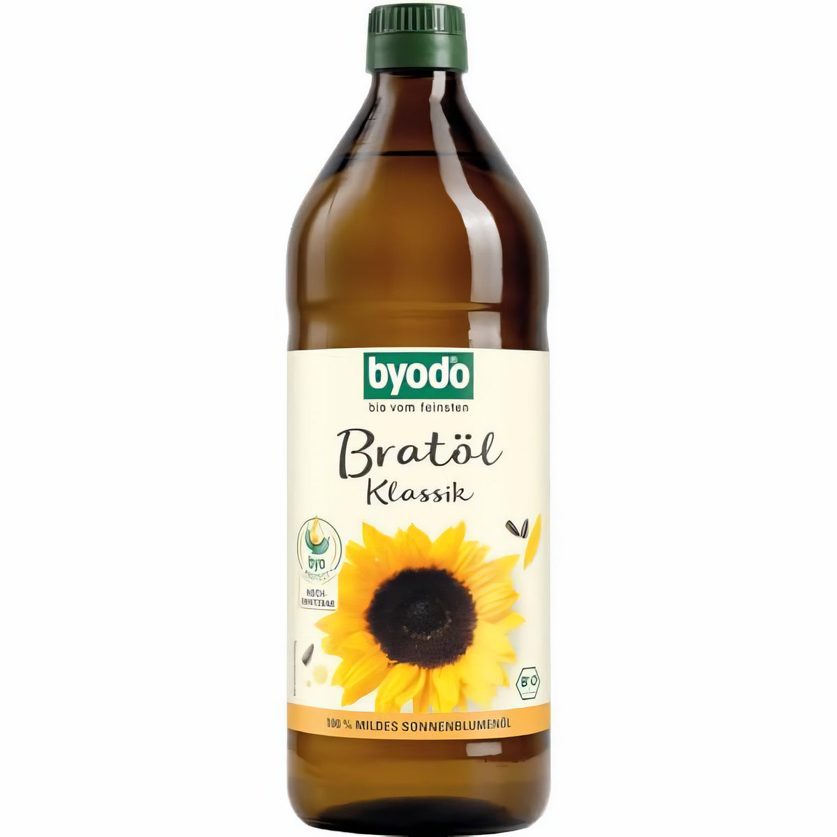 Braune Glasflasche Byodo Bratöl Klassik mit Etikett, Sonnenblume und Hinweis auf High-Oleic Sonnenblumenkernen, stehend vor weißem Hintergrund.