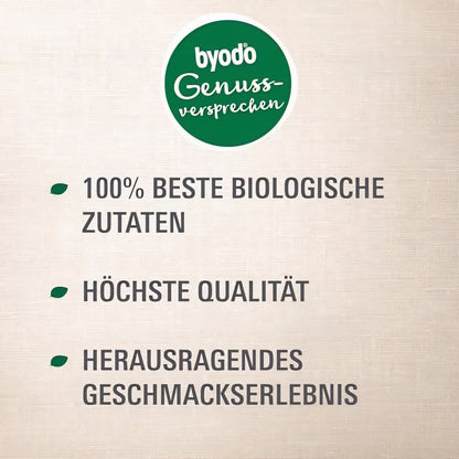 Texttafel mit Byodo Logo und Versprechen zu 100% besten biologischen Zutaten, höchster Qualität und veganem Geschmackserlebnis.