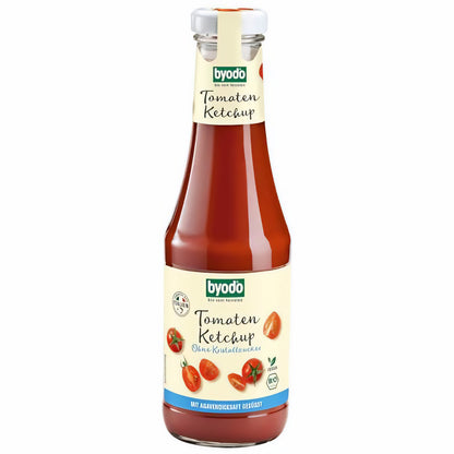 Byodo Tomaten Ketchup in Glasflasche, vegan und mit Agavendicksaft gesüßt, freigestellt vor weißem Hintergrund.