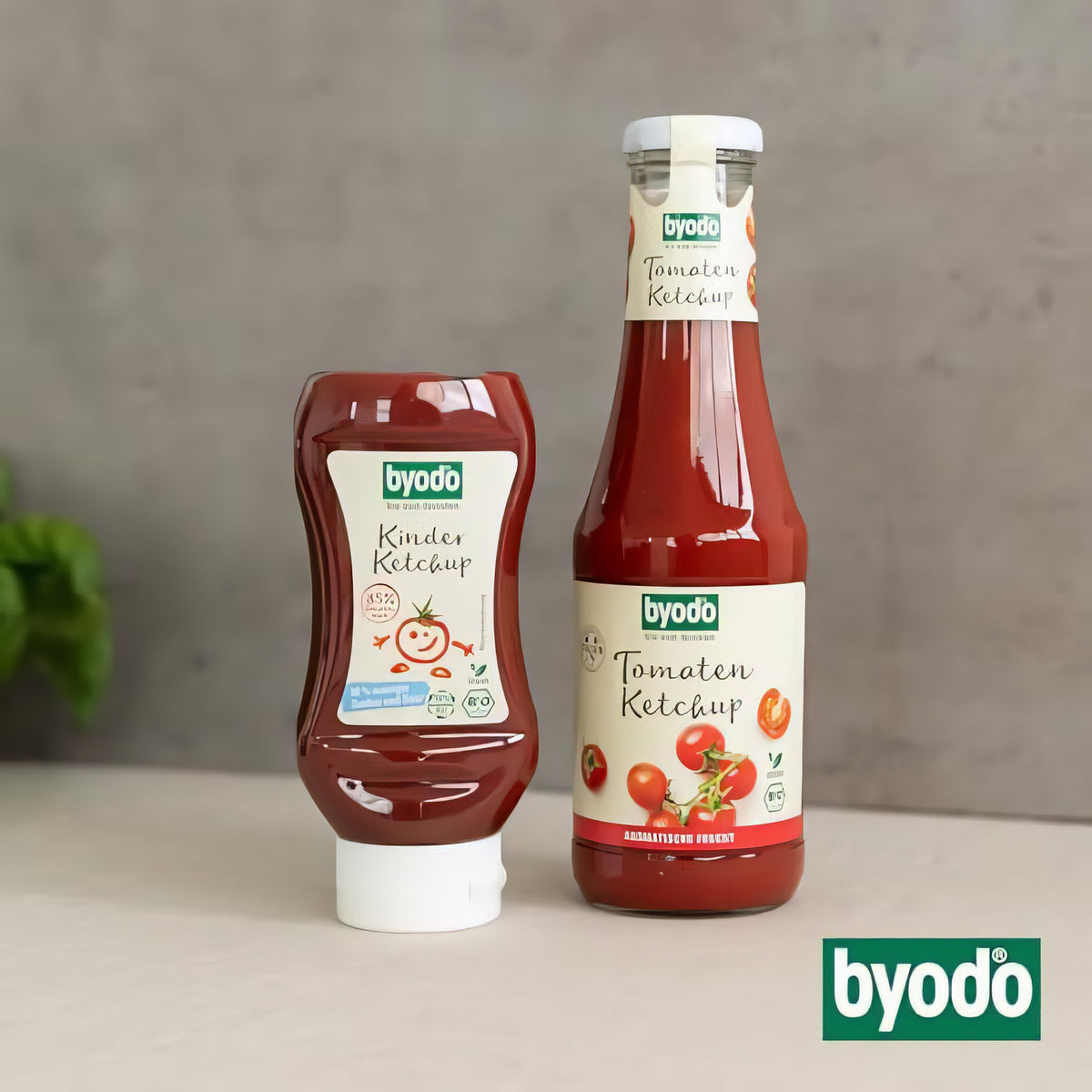 Byodo Tomaten Ketchup in Glasflasche neben einer Kinder Ketchup Squeeze-Flasche auf hellem Untergrund.