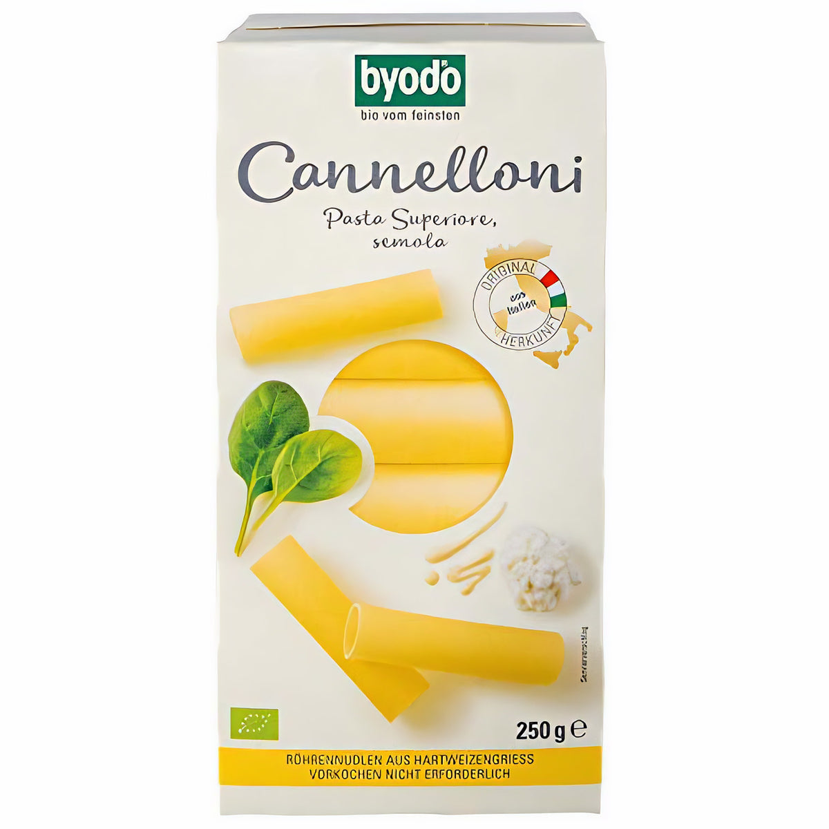 Vorderseite der Byodo Bio Cannelloni 250g Packung mit Abbildungen von Cannelloni-Pasta, Spinatblättern und Hartweizengrieß.