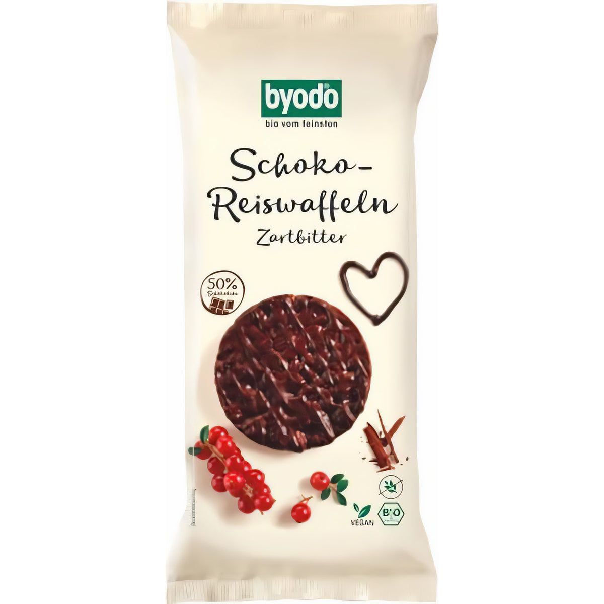 Vorderseite der Byodo Schoko-Reiswaffeln Zartbitter in heller Verpackung mit Abbildung einer mit Zartbitterschokolade überzogenen Reiswaffel und roten Beeren.