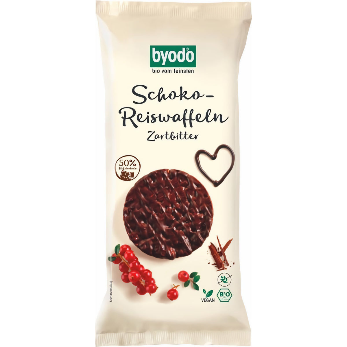 Byodo Schoko-Reiswaffeln Zartbitter 65 g, Verpackung frontal mit Schokolade und Beeren, Produktname und Logos sichtbar.