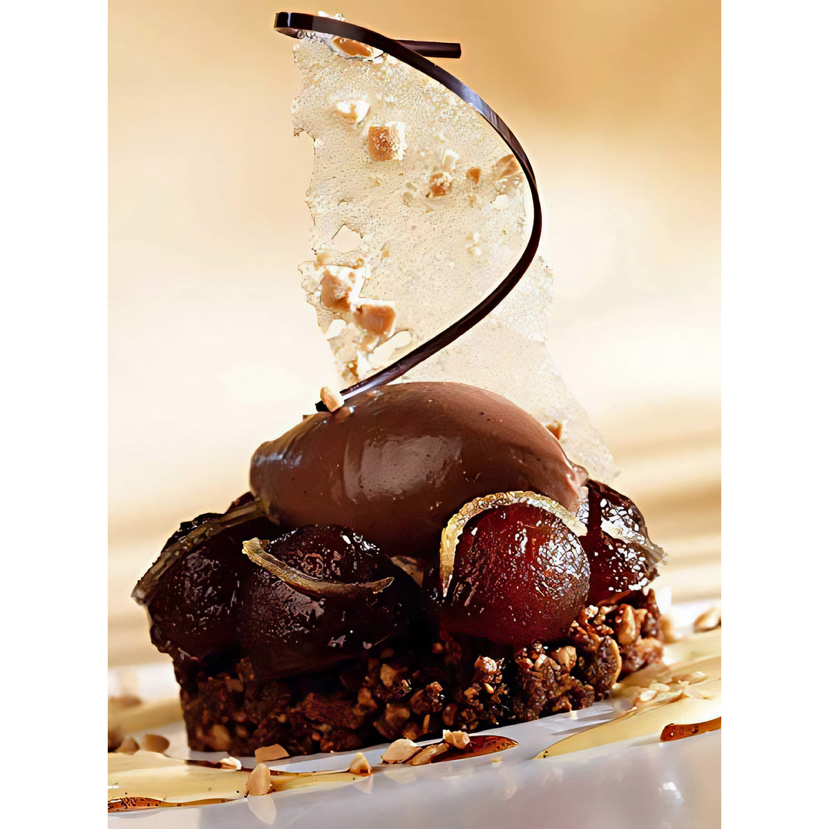 Schokoladen-Dessert mit callebaut mousse, glasierten Früchten, Nüssen und dekorativem Schokoladenstück auf einem Teller angerichtet.