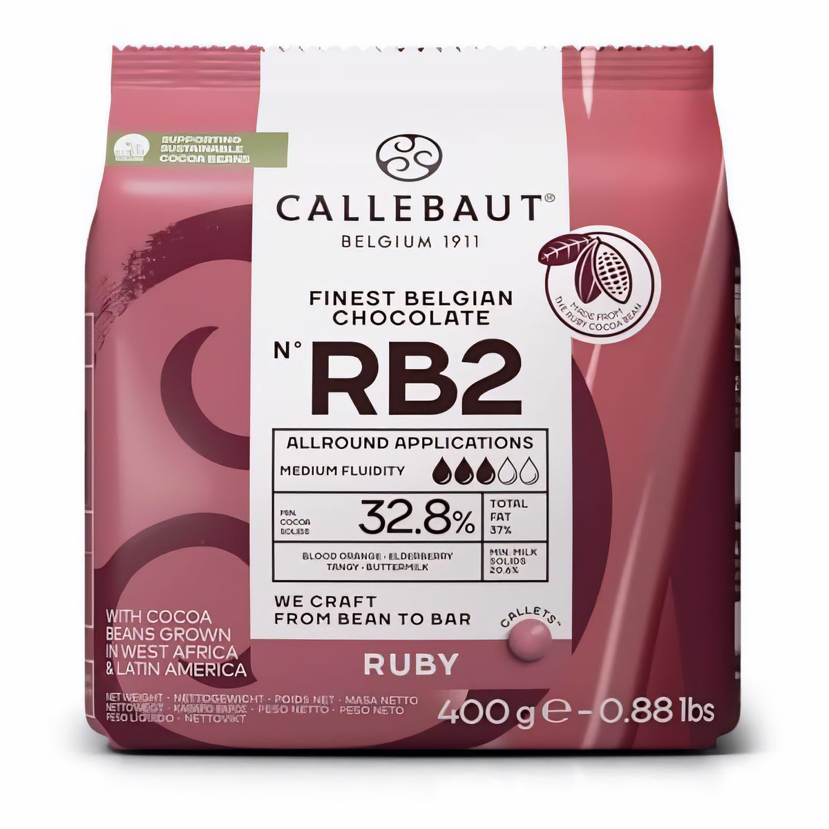 Vorderseite einer Callebaut Ruby Kuvertüre 400g Packung mit Produktinformationen und rubyfarbenem Design.