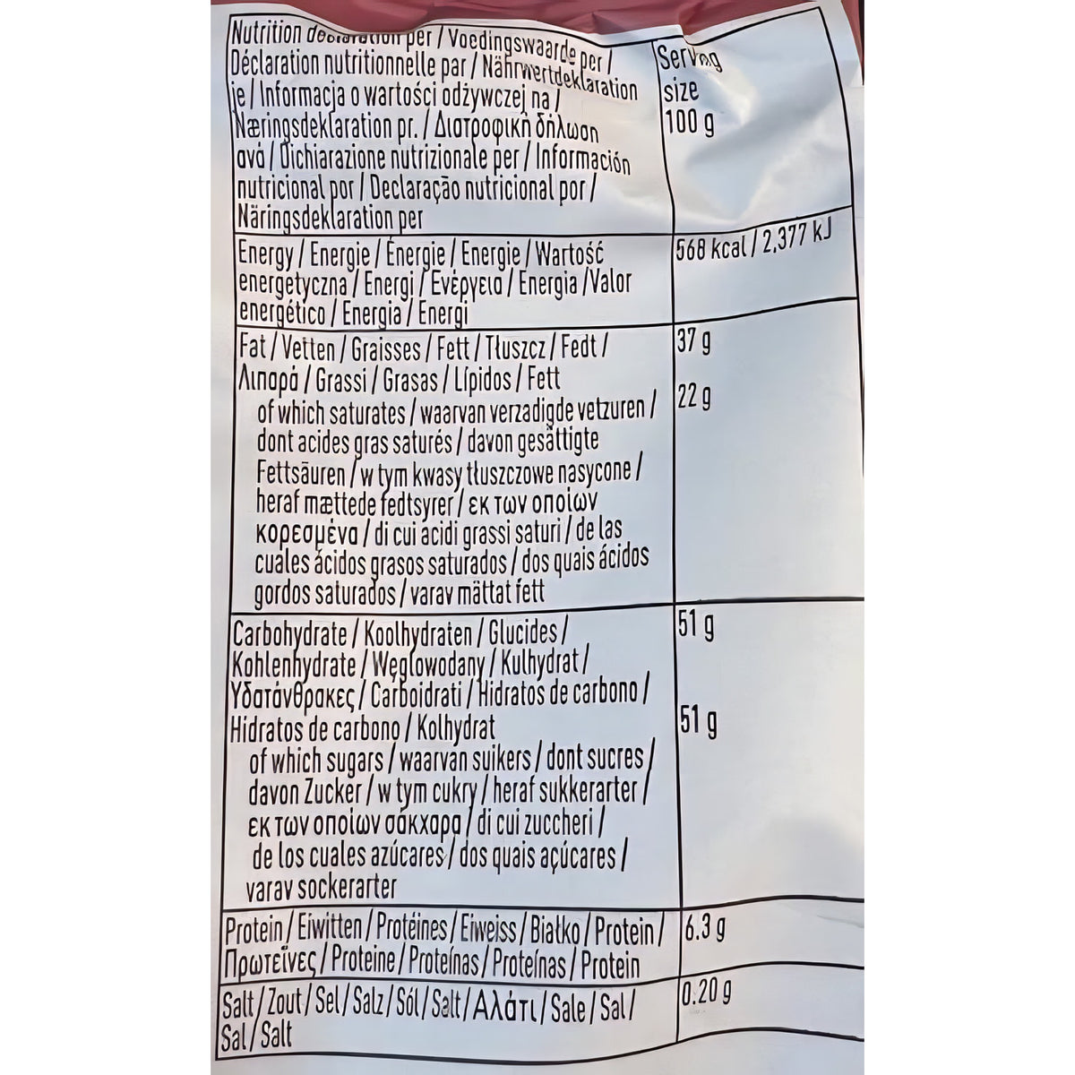 Nährwerttabelle der Callebaut Ruby Schokolade 400g Packung mit Angaben zu Fett, Kohlenhydraten, Eiweiß und Salz.