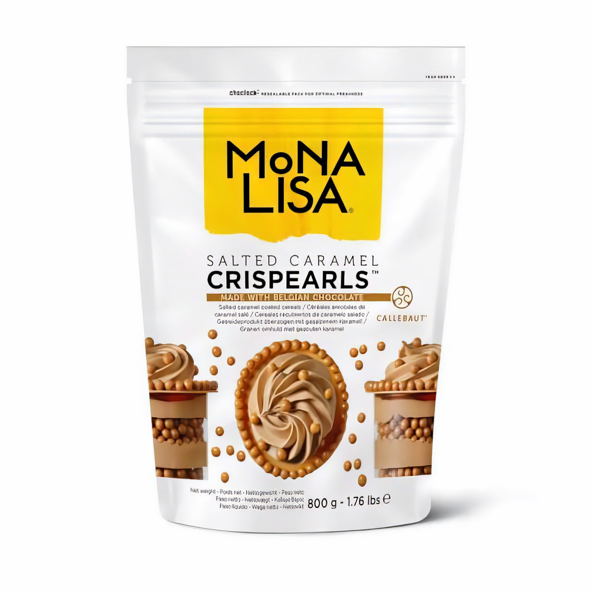 Vorderseite der Mona Lisa Crispearls Salted Caramel 800g Verpackung mit Produktabbildung und Dekorationsbeispielen aus Schokolade.