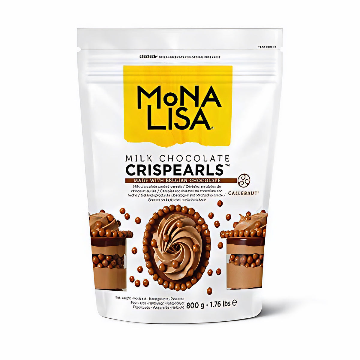 Standbeutel Mona Lisa Crispearls by Callebaut 800g mit Produktabbildung und Dessertdekoration aus Schokolade auf der Vorderseite.