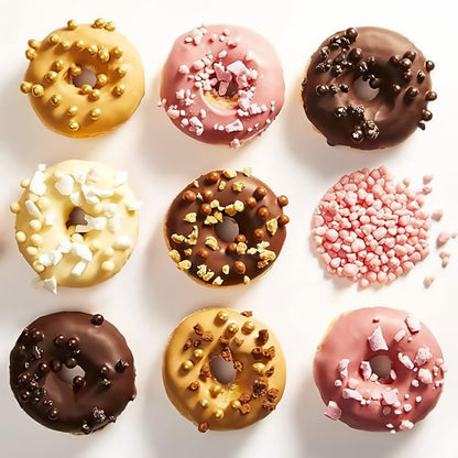 Neun Donuts mit verschiedenen Glasuren und Mona Lisa Crispearls sowie weiteren Schokoladen-Dekoren als Topping.